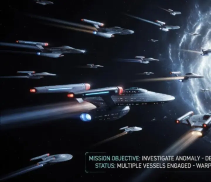 Dynamiczna scena wydarzenia specjalnego w Star Trek Fleet Command z flotami walczącymi w pobliżu stacji