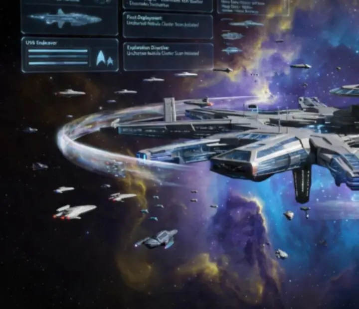 Widok stacji gwiezdnej i panelu dowodzenia w Star Trek Fleet Command