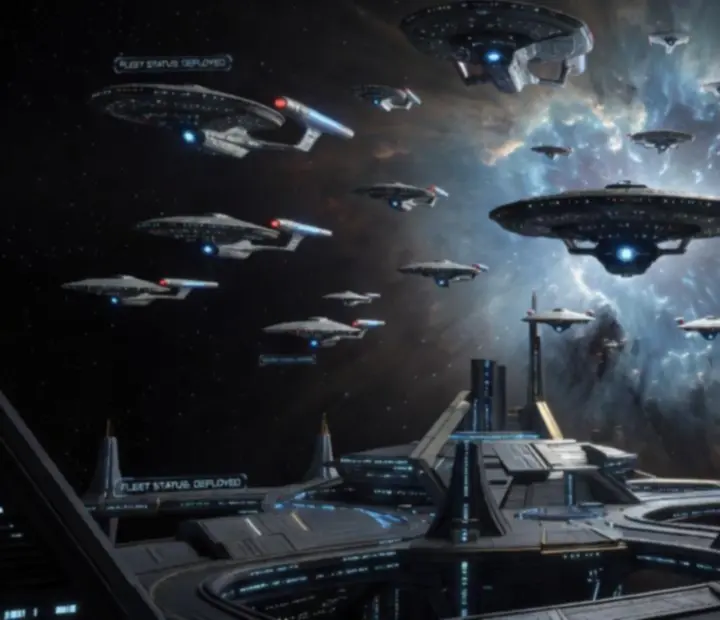 Flota gwiezdnych okrętów w przestrzeni kosmicznej w stylu Star Trek Fleet Command