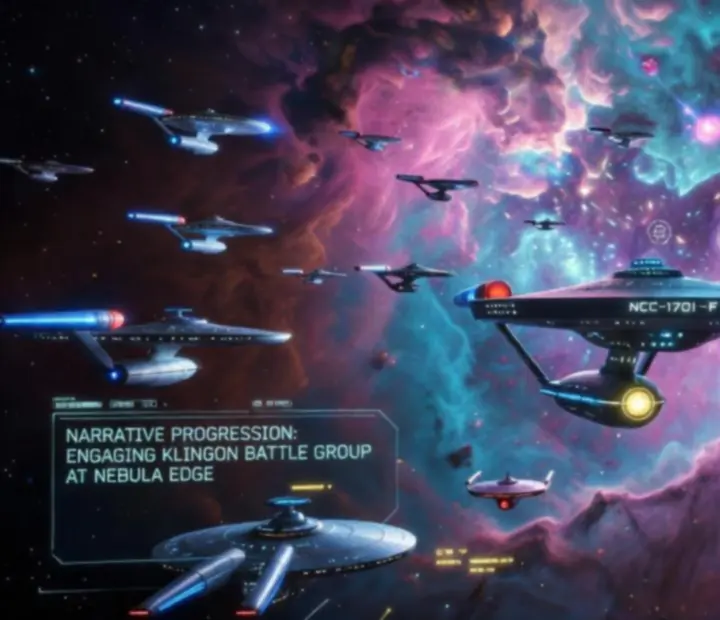 Epicka scena kampanii głównej Star Trek Fleet Command z flotą statków w głębokiej przestrzeni
