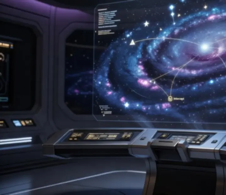 Interfejs mapy galaktycznej z zaznaczonymi misjami w Star Trek Fleet Command