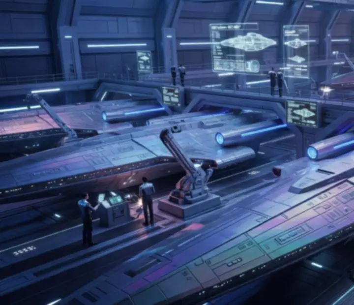 Nowoczesne statki w dokach gwiezdnej bazy w Star Trek Fleet Command