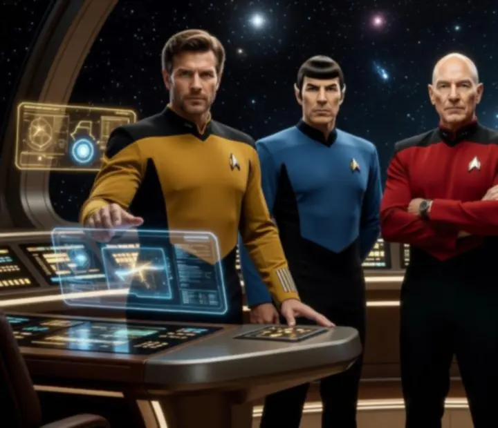 Ikoniczni oficerowie Star Trek stojący na futurystycznym moście gwiezdnego statku