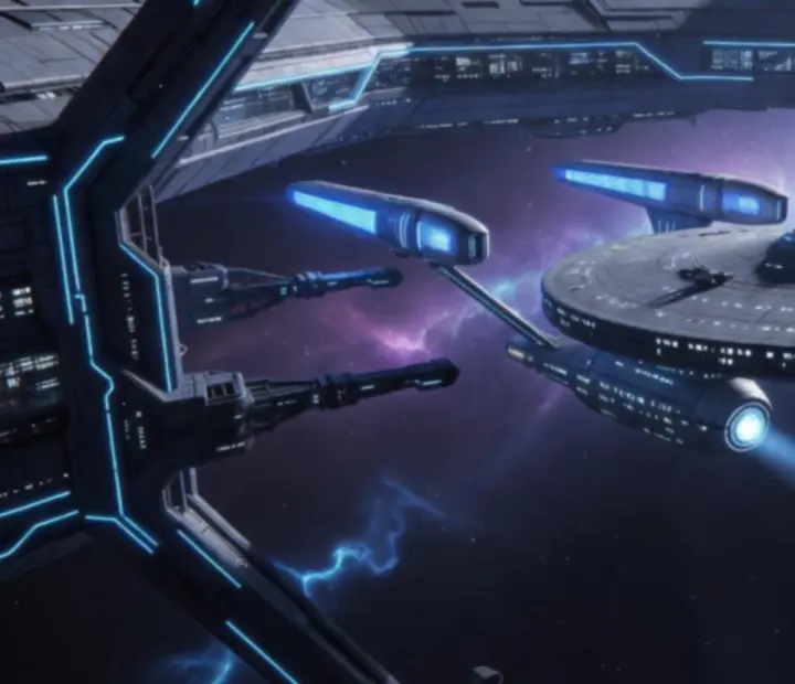 USS Enterprise zacumowany w futurystycznej stoczni kosmicznej